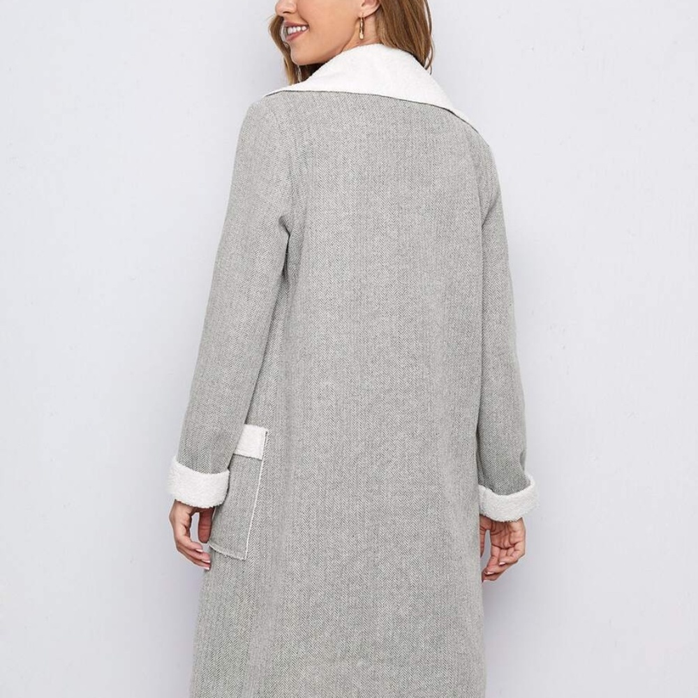 grey shearling lined teddy pocket trench pea coat - Picture 4 of 5